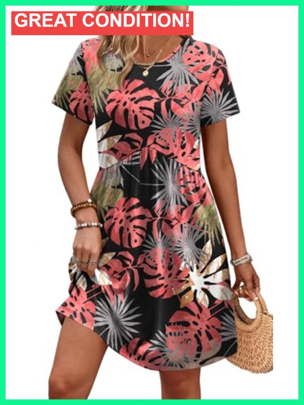 Short Sleeve Crew Neck Casual Maternity Dress with Pockets, Empire Waist, A-Line